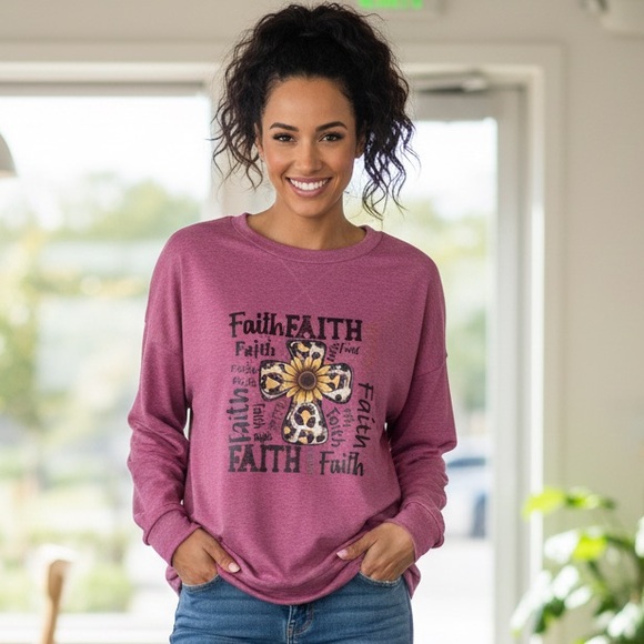 SO&SEWS Tops - SO&SEWS Cotton Blend Long-Sleeved Graphic Tunic-Length Pullover Top “FAITH”